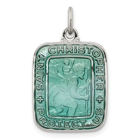 Sterling Silver Teal Enamel Square St. Christopher Medal Pendant - Picture 1 of 4